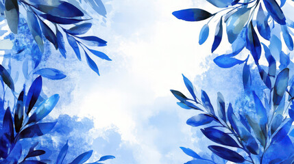 Greek independence day celebration design featuring blue olive leaves. Horizontal banner. Copy space. Blue and white watercolor background