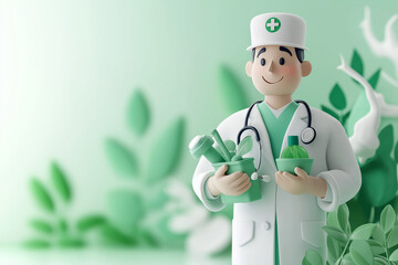 Eco-friendly doctor holding sustainable medical tools.