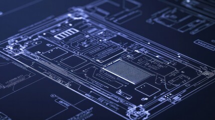 Detailed blueprint of a laptops battery, showing the lithium-ion cells, connectors, and power management circuitry in photorealistic detail
