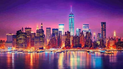 Obraz premium New York City skyline at night with illuminated skyscrapers