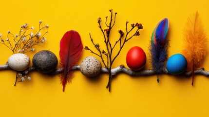 Swedish easter arrangement with eggs, feathers, and birch branch on yellow background
