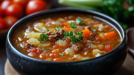 Hearty vegetable and beef stew served in a rustic wooden bowl, garnished with fresh parsley and surrounded by vibrant tomatoes.