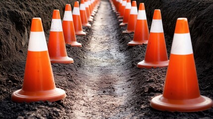 Line of Traffic Cones in Construction Site