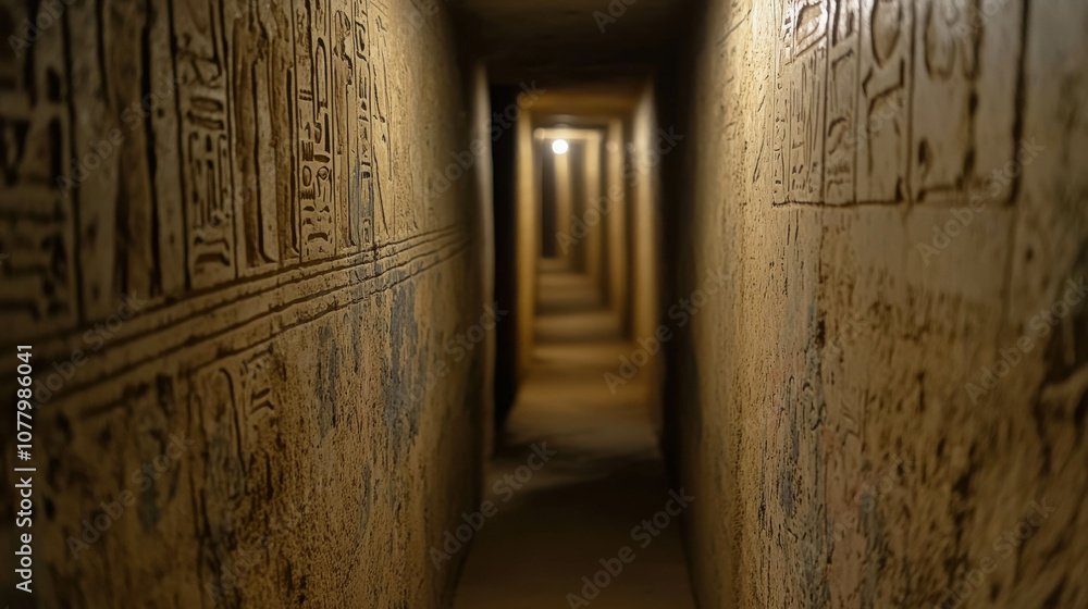 Poster mysterious ancient corridor with hieroglyphics and soft light illuminating the walls in an archeolog