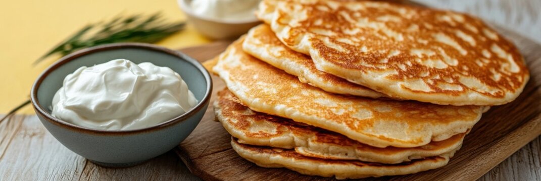 Top view flat lay of traditional russian blini with sour cream for shrovetide celebration