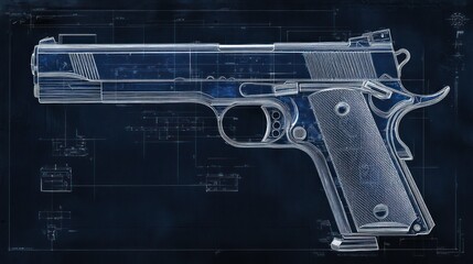 Detailed photorealistic blueprint of a pistol's frame, showing the grip, trigger guard, and internal mechanism components