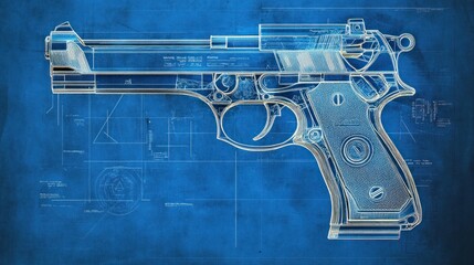 Detailed photorealistic blueprint of a pistol's frame, showing the grip, trigger guard, and internal mechanism components