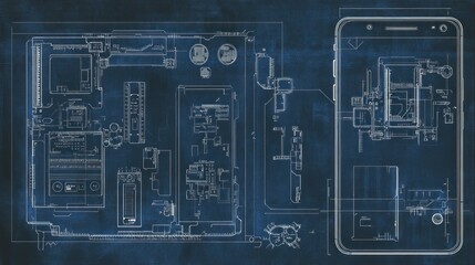 Detailed photorealistic blueprint of a smartphone's power management system, including the power IC and voltage regulators in a technical drawing style