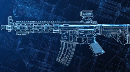 Fototapeta premium Detailed photorealistic blueprint of a weapons forend, showing the rail system, grip, and handguard components for tactical accessories