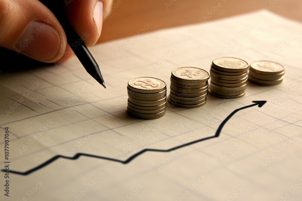 Poster hand drawing upward arrow on graph with stacks of coins