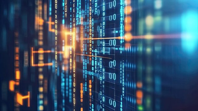 Abstract digital background with glowing blue and orange binary code.