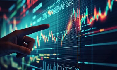 Hand Pointing at Stock Market Data on Screen - Powered by Adobe