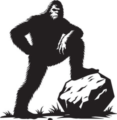 Bigfoot silhouette posing with a large boulder