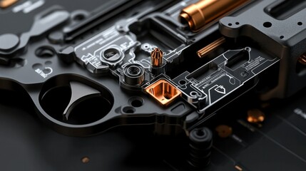Detailed photorealistic rendering of a rifles trigger assembly, including the safety, hammer, and sear, with technical annotations