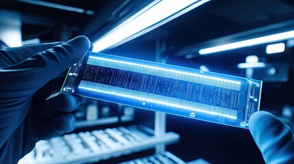 Close-up of a scientist's hand holding a glowing microchip against a backdrop of modern laboratory equipment showcasing advanced technology and innovation in research