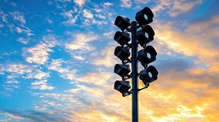 Dramatic Evening Sky with Towering Floodlights Soaking Up the Colorful Sunset and Beautiful Cloud Formation Above a Sports Field