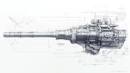 Detailed rendering of a battleships main gun barrel, with intricate components like breech, muzzle brake, and barrel length calculations