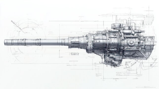 Detailed rendering of a battleships main gun barrel, with intricate components like breech, muzzle brake, and barrel length calculations
