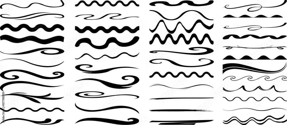 Wall mural wavy line vector set, abstract waves, decorative underline curves, and hand drawn swirl element for 