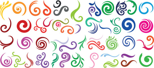 Colorful abstract swirls and curls vector set, featuring vibrant spiral, wave, and twirl designs. Ideal for swirl, spiral and curl for decorative projects, digital art, and graphic design elements