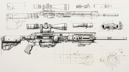 Obraz premium Detailed rendering of a weapon's sights and optics, including iron sights, scopes, and mounting systems in technical detail