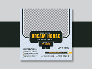 Real estate home sale social media post or square banner design template, Vector design with a place for photo