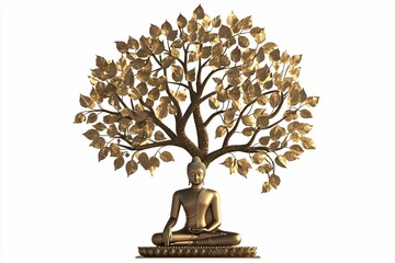 Fototapeta premium Bodhi Day illustration on a white background features a detailed Bodhi tree with leaves and a meditating figure underneath, symbolizing enlightenment.