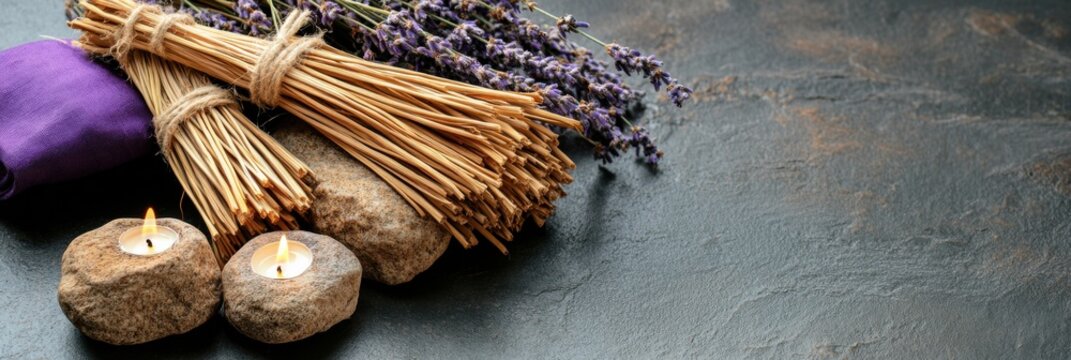 Tranquil flat lay with lavender and candles for spanish holy week decoration