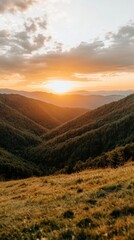 Fototapeta premium Tranquil mountain silhouette at sunset with vibrant orange sky