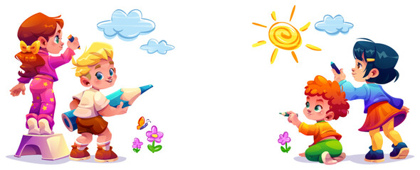 Playful cartoon kids drawing with crayon together on wall. Cute happy children create art - flowers with butterfly, sun and clouds. Girls and boys painting childish pictures for school content.