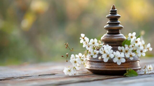 Tranquil sri lankan poson poya flat lay with blossoms on wooden table
