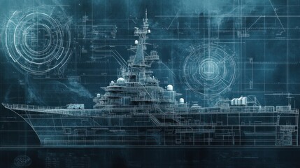 Photorealistic blueprint of a battleships radar and communication system, showing the array, transmitter, and antenna in technical detail