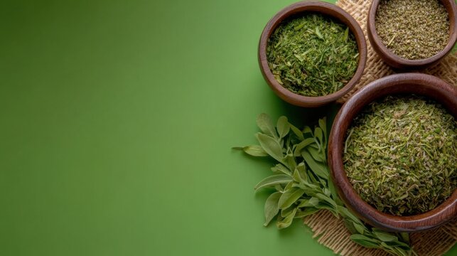Uruguayan festival del mate celebration flat lay with herbs and green background
