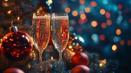 Two glasses of champagne with a Christmas tree and ornaments in the background.