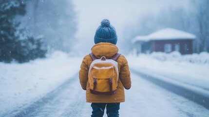 Child wearing yellow winter jacket and blue beanie walking alone on snow covered path during heavy snowfall in winter