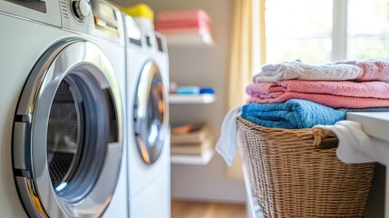 Freshly Laundered Towels Stacked Neatly in a Cozy Laundry Room with Modern Washing Machines and Bright Natural Light Streaming Through the Window
