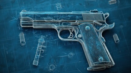 Photorealistic blueprint of a handgun slide and recoil spring assembly, highlighting mechanical parts in an intricate, technical style