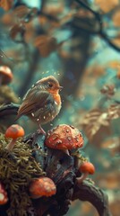 A Robin Bird Perched on a Red Mushroom in an Autumn Forest