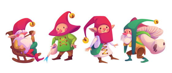 Cute garden gnomes set isolated on white background. Vector cartoon illustration of old elf smoking pipe in armchair, fairytale character watering plant, carrying mushroom, wearing red hats with bells