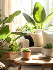 Green Home. A living room decorated with indoor plants.