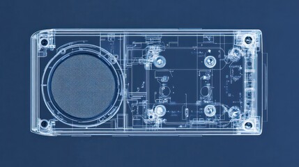 Fototapeta premium Photorealistic blueprint of a phones speaker system, detailing the speaker driver, magnets, and internal wiring with clear annotations