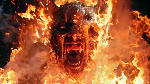 A terrifying figure appears amidst the blazing fire, embodying the essence of evil. The flames dance around the devilish visage, creating an intense and chilling atmosphere.