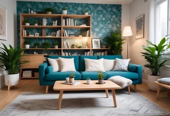 Scandinavian living room interior design zoom background,Doodle patterned wallpaper graphics