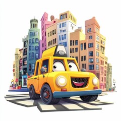 Obraz premium Smiling yellow car driving through city street.