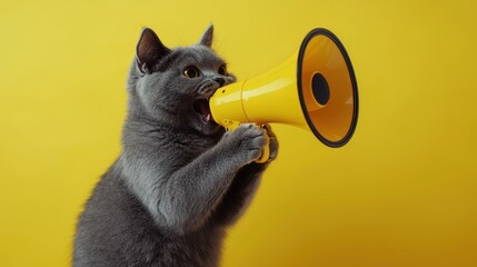 Fototapeta premium Gray Cat Holding Yellow Megaphone Against Bright Yellow Background, Communicating Playfully, Showcasing Fun and Whimsical Pet Photography