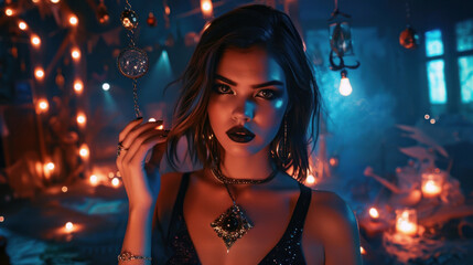 Fototapeta premium A modern witch showcases her silver makeup and black lipstick while holding a crystal pendant, surrounded by glowing candles and mystical objects