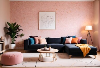 Scandinavian living room interior design zoom background,Doodle patterned wallpaper graphics