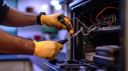 Technician fixing an appliance with a screwdriver