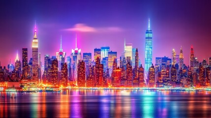 Obraz premium New York City skyline at night with illuminated skyscrapers
