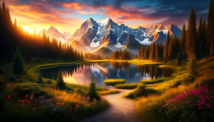 Illustration of Majestic Mountain Landscape with Serene Lake at Sunset